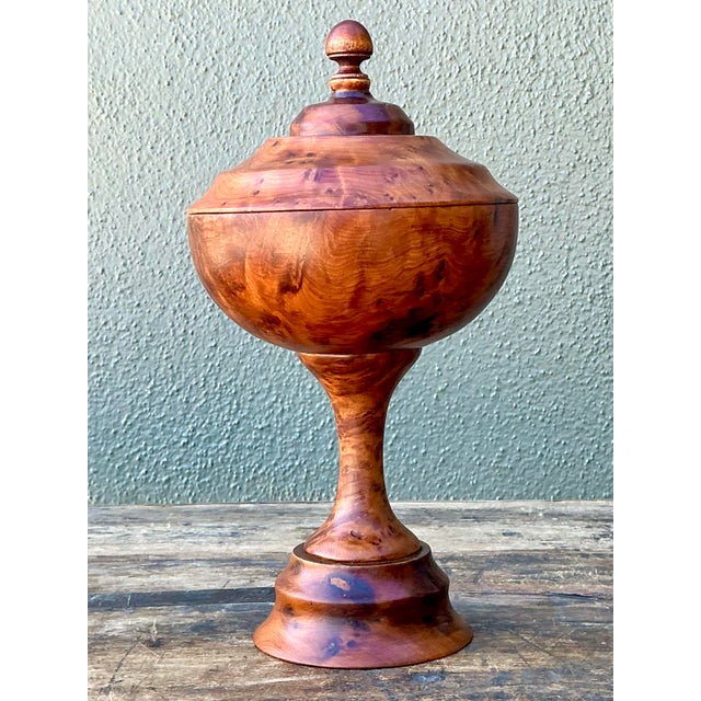 Mid-Century Modern Vintage Turned Burl Wood Lidded Bowl on Pedestal For Sale - Image 3 of 12