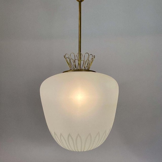 ASEA Frosted Glass and Brass Pendant by Hans Bergström for Asea, Sweden 1950s For Sale - Image 4 of 18