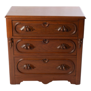 Antique Walnut Three Drawer Chest With Fruit Carved Pulls