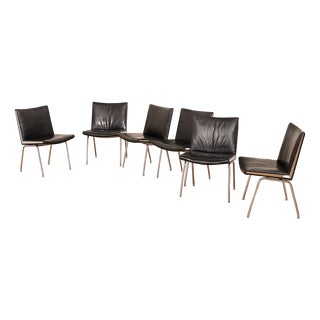 AP-40 Airport Chairs in Steel Tube and Black Leather by Hans J. Wegner, 1959, Set of 6 For Sale