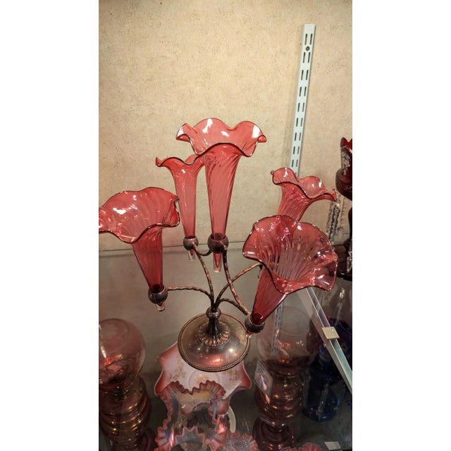 Early 1900s English Silverplate Cranberry Epergne For Sale - Image 4 of 6