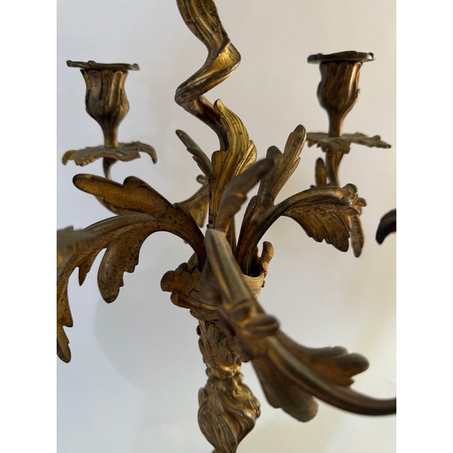 A substantial and beautifully cast French Louis XV style five-light candelabra in solid patinated bronze, late 19th to...