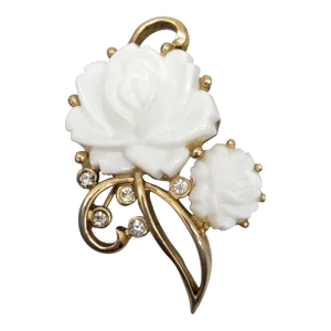 Vintage 1960s Signed Kramer Goldtone White Resin Rose & Clear Rhinestone Brooch
