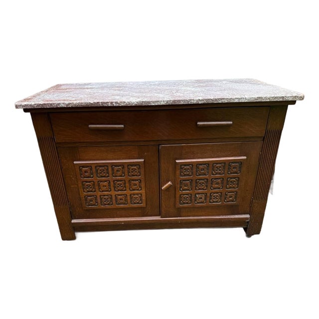 Antique French Art Deco Style Marble Top Oak Wood Cabinet Sideboard With Geometric Front For Sale