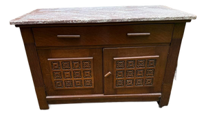 Antique French Art Deco Style Marble Top Oak Wood Cabinet Sideboard With Geometric Front