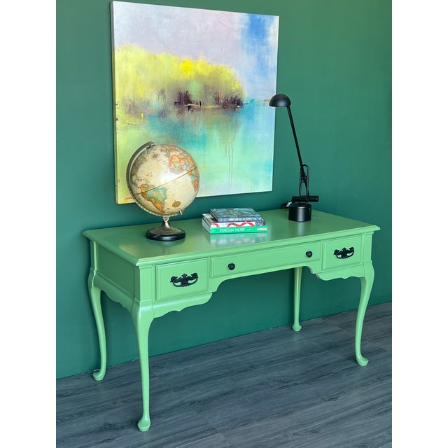 1970's Solid built queen Anne style desk of three drawers with dovetail joints This desk is refinished in light green...