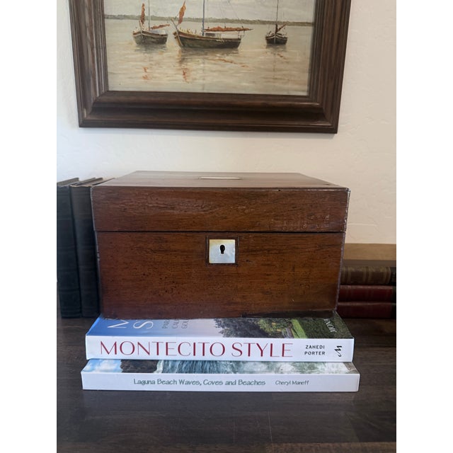 1910s Antique Mahogany Writing Box, Victorian Document Box, Mother of Pearl Inlay, English Jewelry Box With Secret Drawer For Sale - Image 5 of 10