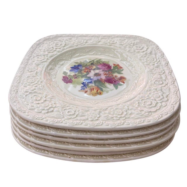 English Vintage Crown Ducal "Florentine" Floral Square Plate Set - Set of 6 For Sale - Image 3 of 11