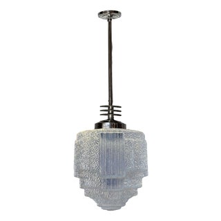 1930s Art Deco Chrome Streamline Pendant Light W/ Skyscraper Cobalt Blue Glass Shade For Sale