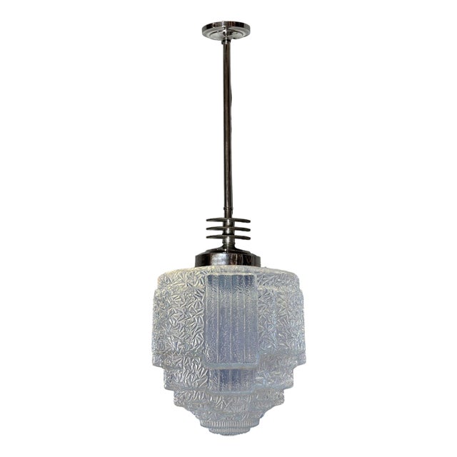 1930s Art Deco Chrome Streamline Pendant Light W/ Skyscraper Cobalt Blue Glass Shade For Sale