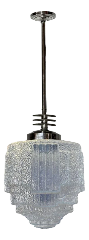 1930s Art Deco Chrome Streamline Pendant Light W/ Skyscraper Cobalt Blue Glass Shade