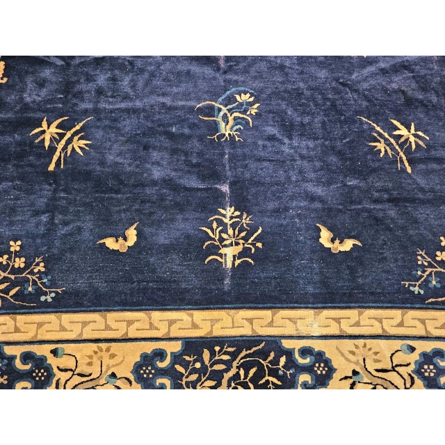 Blue Antique Chinese Art Deco Rug, Hand-Knotted Wool Pile, Floral Motifs, 1900s For Sale - Image 8 of 13