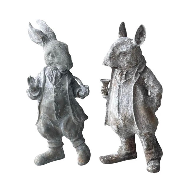 2000 - 2009 Vintage Cast Iron Gentleman Rabbit Garden Statues - Set of 2 Dapper Hare Figures (Pipe & Goblet) For Sale - Image 5 of 12