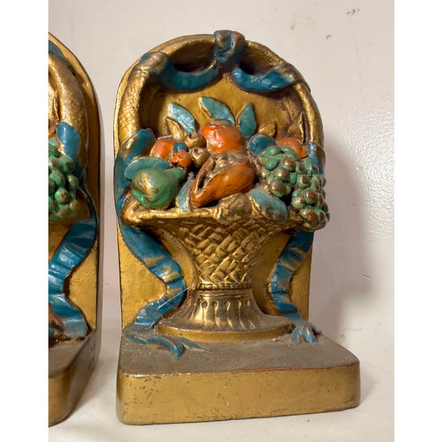 J. B. Hirsch Large Pair Antique j.b. Hirsch Patinated Bronze Clad Fruit Baskets Bookends For Sale - Image 4 of 12