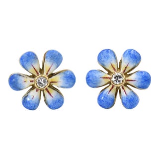 Blue Enamel Daisy Flower Diamond Gold Earrings by Sandra J. Sensations - 2 Pieces For Sale