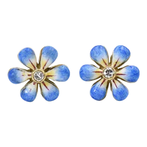 Blue Enamel Daisy Flower Diamond Gold Earrings by Sandra J. Sensations - 2 Pieces