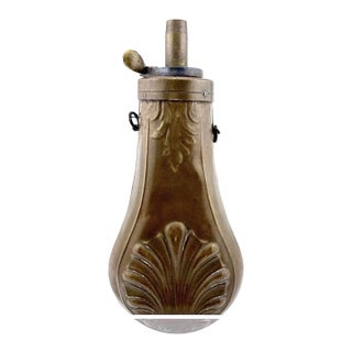 Antique 19th-Century Copper and Brass Powder Flask With Embossed Shell Motif, Civil War Era Firearm and Militaria Collectible For Sale