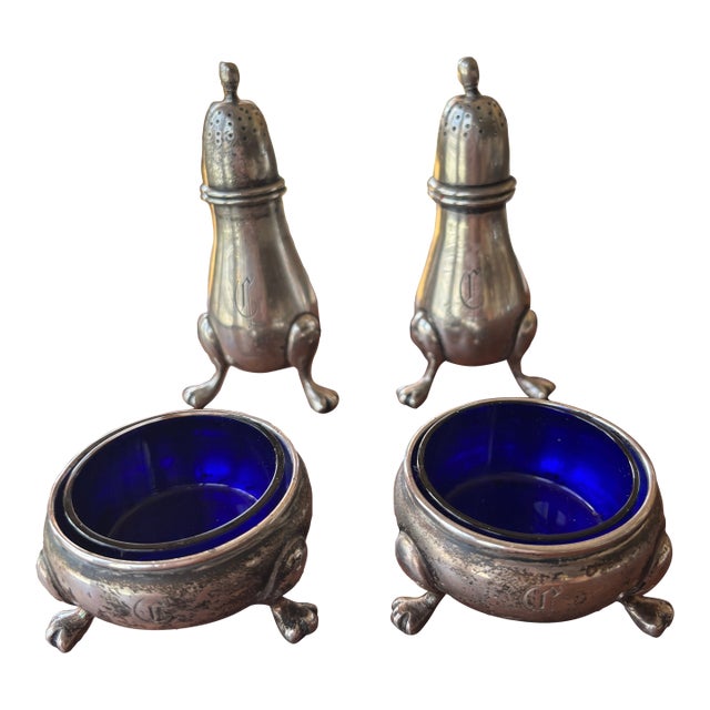 Antique Sterling Silver Figural Bird Salt and Pepper Shakers With Cobalt Glass Salt Cellers - Phillp H. Stevens - 4pcs For Sale