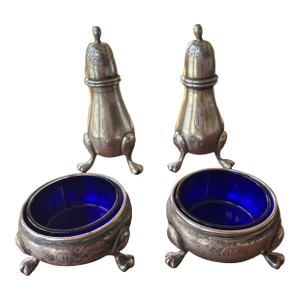 Antique Sterling Silver Figural Bird Salt and Pepper Shakers With Cobalt Glass Salt Cellers - Phillp H. Stevens - 4pcs