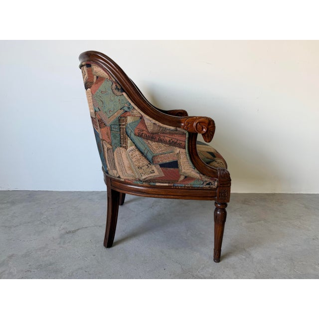 Vintage French Empire Style Carved Ram’s Head Arm Club Chair With Book Motif Upholstery For Sale - Image 4 of 12