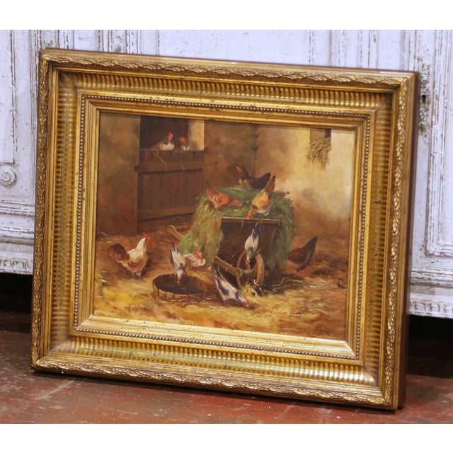 Bring warm, rustic character to an interior with this antique French oil on canvas depicting a lively barnyard scene,...