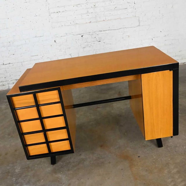 Vintage Mid Century Modern Art Deco Maple Colored Desk With Black