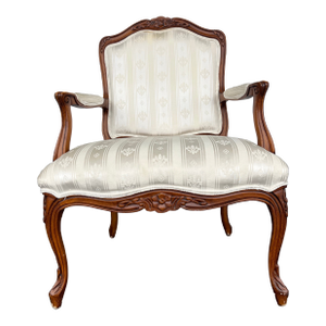 Vintage Louis XV Chair With White Silk Stripe Fleur De Lis