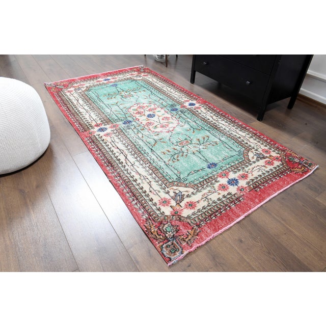Teal 1970s Vintage Handmade Wool Cotton Area Rug For Sale - Image 8 of 11