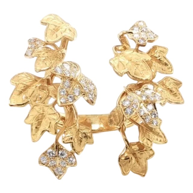 Mid 20th Century Magerit Verona Diamond Leaf Cluster Cuff Ring 18k Yellow Gold Size 6.5 For Sale