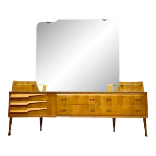 Italian Mid Century Modern Maple Long Dresser / Vanity + Large Mirror, C. 1960's For Sale