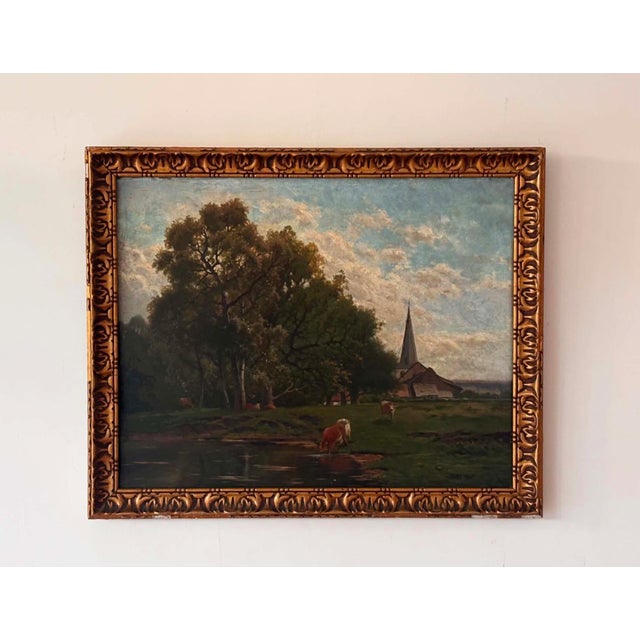 Original landscape painting on a solid wood panel. The artwork depicts a peaceful rural scene featuring grazing cattle...