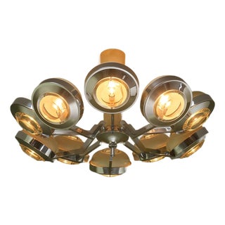 Large Round 10-Armed Chandelier with Glass Lens Diffusors by Oscar Torlasco, Italy, 1970s For Sale