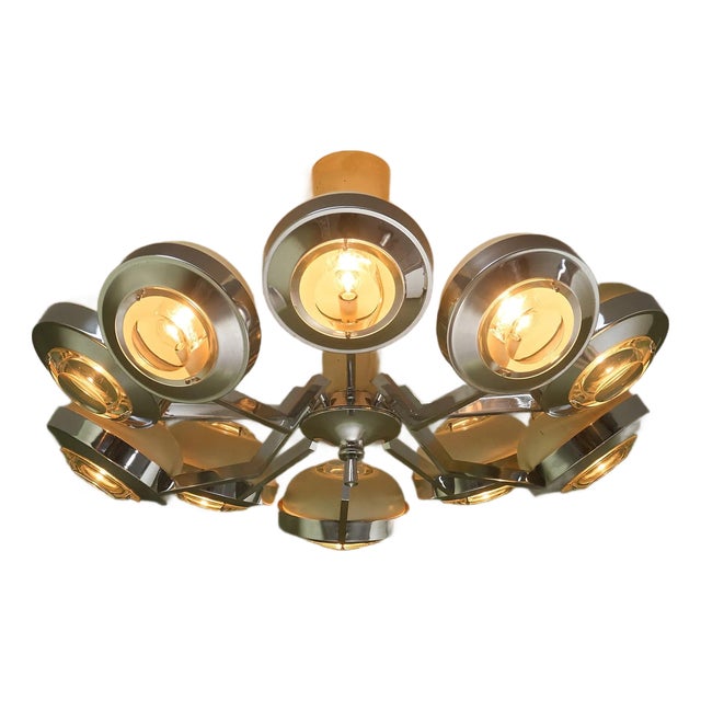 Large Round 10-Armed Chandelier with Glass Lens Diffusors by Oscar Torlasco, Italy, 1970s For Sale