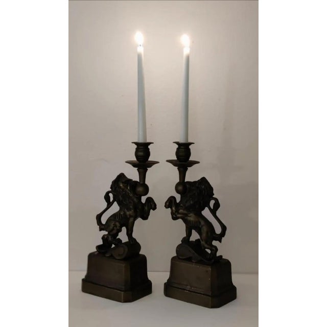 Mid 20th Century Pair of Heavy Bronze French Renaissance Lion Candle Holders For Sale - Image 4 of 10