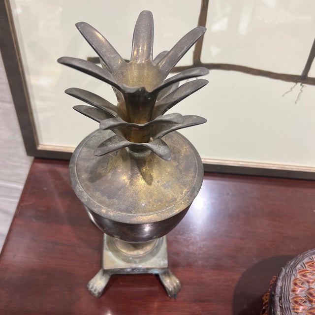 Mid 20th Century Vintage Hollywood Regency Style Solid Brass Pineapple Urn With Paw Feet For Sale - Image 5 of 7