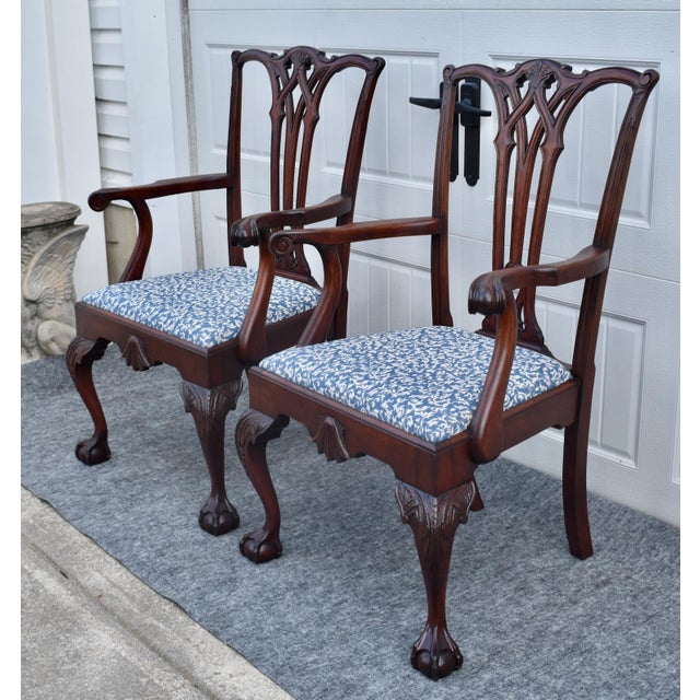 Antique Pair Mahogany Armchairs Chippendale Style Carved Ball Claw Foot Dining For Sale - Image 18 of 18