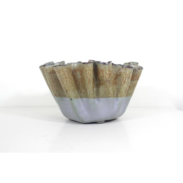 Mid 20th Century Sculptural Signed Studio Pottery Footed Bowl Organic Ruffled Edge Vintage For Sale - Image 5 of 13