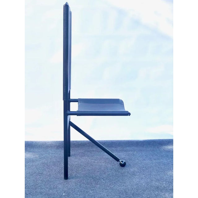 Vintage Tripod Black Leather and Black Metal Side Chairs, Set of 6 For Sale - Image 4 of 6