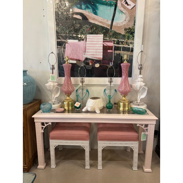 Vintage Kindel Pair of Benches Ottomans Fretwork Fret Upholstered Lacquered Chinoiserie For Sale - Image 9 of 13