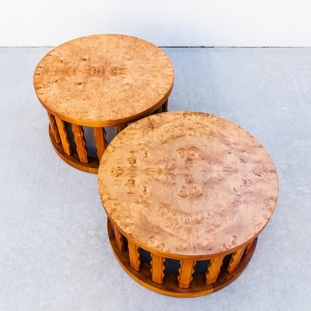 Vintage Mid Century Walnut & Burl Drum Side Tables by Cal Mode For Sale - Image 12 of 15