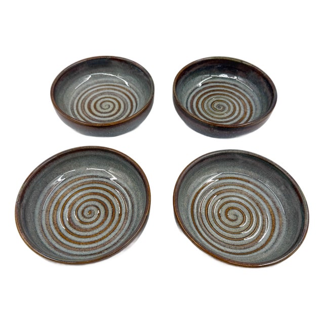 Vietnamese Dual-Glaze Stoneware Ceramic Salad Bowls With Spiral Motif - Set of 4 For Sale