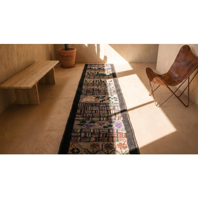 1930s Multicolor Scene Pictorial Folk Art American Hooked Rug Runner 2' X 19' Handknotted Wool Carpet For Sale - Image 16 of 17