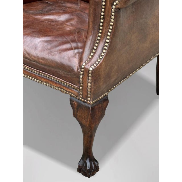 Animal Skin Brown Leather Button Wing Armchair, 1860s For Sale - Image 7 of 11