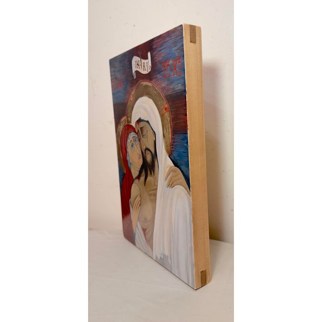 Vintage Original Gold Leaf Russian Icon Mary Jesus Pieta Oil Painting on Wood For Sale In New York - Image 6 of 12