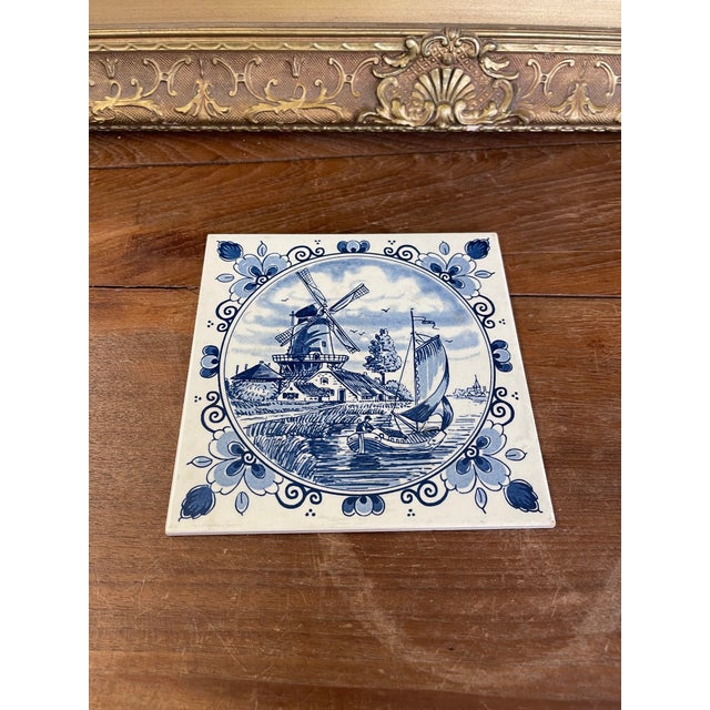 Vintage Dutch Delft Blue Ceramic Tile by Schoonhoven Keramiek, Holland - Windmill and Sailboat Scene. For Sale - Image 9 of 9
