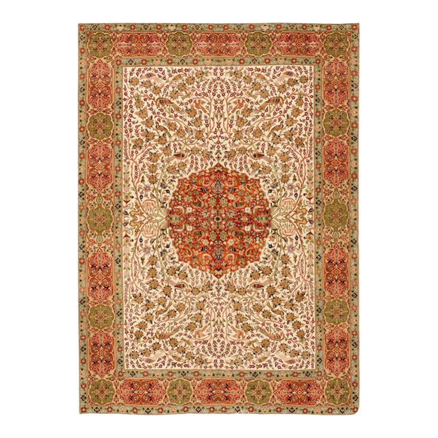 1950s Ivory Medallion-Silk Lines Vintage Persian Tabriz Rug 4'9" X 6'7" Handknotted Wool Carpet For Sale