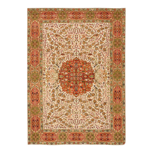 1950s Ivory Medallion-Silk Lines Vintage Persian Tabriz Rug 4'9" X 6'7" Handknotted Wool Carpet