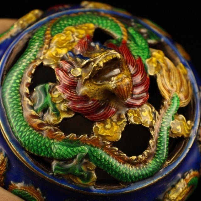Mid 20th Century Vintage Cloisonne Enamel Incense Burner – 3.9" Gilt Dragon Tripod Censer For Sale - Image 5 of 9