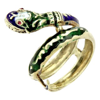 Enamel & Ruby Coiled 14k Yellow Gold Snake Ring - Size 9 For Sale