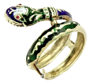 Enamel & Ruby Coiled 14k Yellow Gold Snake Ring - Size 9